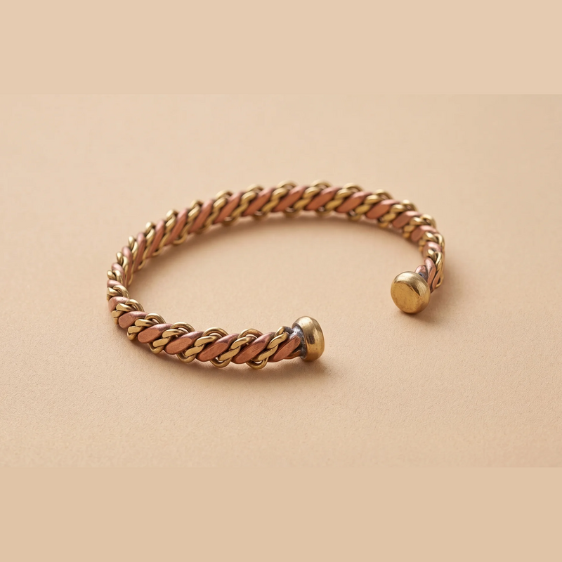 Union braided copper and brass cuff bracelet